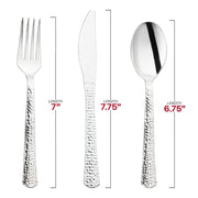 Disposable metallic silver hammered plastic cutlery set, ranging from 6.75” to 7.75”, offering convenience and style for up to 1,000 guests