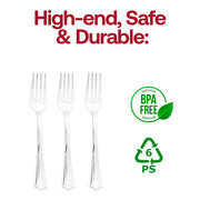 Disposable metallic silver plastic forks with an elegant grooved design, 6.75 inches, ideal for catering, BPA-free