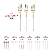 Disposable modern-style dinner forks with gold-colored prongs and chic white handles, sold in a convenient 240-piece case