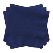 Disposable navy blue cocktail napkin made of absorbent paper, 10 x 10 inches, comes in a 600-count bulk case.