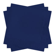 Disposable navy blue cocktail napkin made of absorbent paper, 10 x 10 inches, comes in a 600-count bulk case
