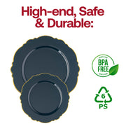 Disposable navy blue plastic plates with a blossom motif and gold rim, 7.5-inch size, BPA-free