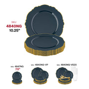 Disposable navy dinner plates with a round shape, gold rim, and intricate blossom design, 10.25-inch size, 120-pack
