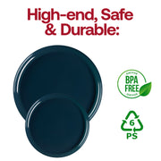 Disposable navy plastic pastry plates with a flat round shape, 6.25-inch size, pack of 120