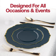 Disposable navy plates with gold rim displayed at a banquet, perfect for all occasions from intimate dinners to grand receptions