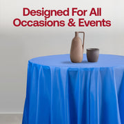 Disposable navy round plastic tablecloths, 84-inch size, great for quick setup and cleanup at large gatherings, 96-pack.