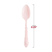 Disposable pink plastic dinner spoons with intricate Baroque accents, measuring 8.25"