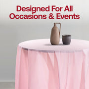 Disposable pink round plastic tablecloths, 84-inch size, ideal for easy event cleanup, sold in bulk pack of 96.
