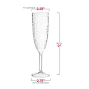 Disposable plastic champagne flutes with a crystal-clear design, 8 oz capacity, and precise dimensions of 2.25” x 9” x 2.75”