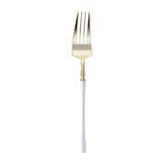 Disposable plastic dinner forks featuring elegant gold prongs and white handles, perfect for luxury table settings