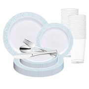 Disposable, recyclable, and BPA-free, the White with Turquoise Blue and Silver Mosaic Rim Round Plastic Wedding Value Set is a safe and eco-conscious option for hosting with style