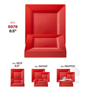 Disposable red plastic plates with a square design, 6.5-inch diameter, ideal for salads and appetizers
