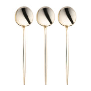 Disposable shiny gold Moderno plastic dinner spoons, 8.1 inches, sturdy yet single-use, perfect for easy cleanup