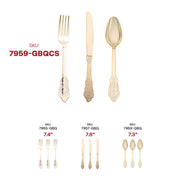 Disposable shiny metallic gold baroque plastic cutlery set, stylish yet convenient for catering and large events.