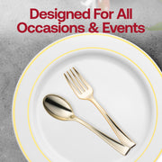 Disposable shiny metallic gold mini plastic tasting forks, 4 inches, designed for easy cleanup after events, case of 600.