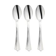 Disposable shiny metallic groove silver plastic spoons, 6.25 inches, sturdy yet single-use, perfect for easy cleanup