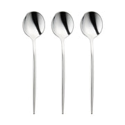 Disposable shiny silver Moderno plastic dessert spoons, 7 inches, sturdy yet single-use, great for easy cleanup at events