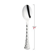 Disposable shiny silver plastic spoons, 7 inches long, offering a luxurious look with the convenience of single-use