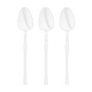 Disposable shiny white plastic dinner spoons, durable yet convenient, ideal for large gatherings and catering