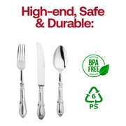Disposable silver Baroque plastic cutlery set, stylish yet practical, designed for easy cleanup at parties, BPA-free