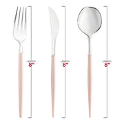 Disposable silver and pink plastic cutlery set, 8", stylish yet practical, designed for easy cleanup at parties and catered events