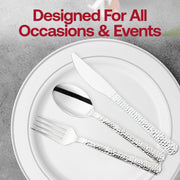 Disposable silver hammered plastic forks, 7 inches, case of 1000 – Sturdy single-use forks with a modern hammered design, ideal for catering and parties.