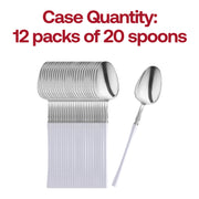 Disposable silver plastic cutlery featuring sleek white handles, ideal for upscale events and catering; 240-piece set.