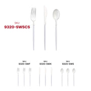 Disposable silver plastic cutlery featuring sleek white handles, ideal for upscale events and catering; 240-piece set