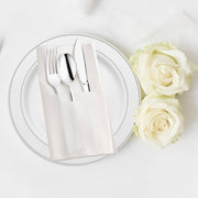 Disposable silver plastic cutlery set pre-wrapped in a white pocket napkin, hassle-free and ready for use, case for 70 guests.