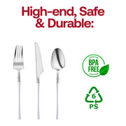 Disposable silver plastic cutlery set with sleek white handles, perfect for upscale events and catering; includes 240 pieces.