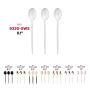 Disposable silver plastic dinner spoons featuring stylish white handles, perfect for convenient cleanup