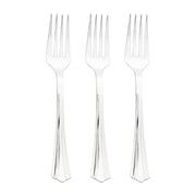 Disposable silver plastic forks with a reflective metallic finish and stylish grooves, 6.75 inches, bulk pack of 600