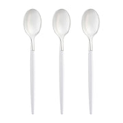 Disposable silver plastic spoons with contemporary white handles, ideal for events and gatherings, pack of 240