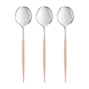 Disposable silver plastic spoons with pink handles, 8 inches, designed for easy cleanup at parties and gatherings