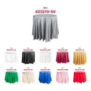 Disposable silver round plastic tablecloths, 84 inches wide, perfect for easy cleanup at events, sold in a 96-pack.