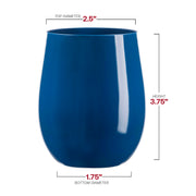 Disposable solid navy plastic stemless wine glasses, 12 oz, measuring 2.5” x 3.75” x 1.75”, perfect for events