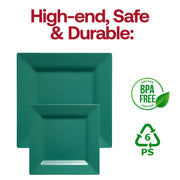 Disposable square cake plates in hunter green plastic, 6.5 inches in size, BPA-free