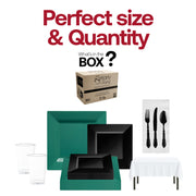 Disposable tableware with white linens to complement bold plate colors.