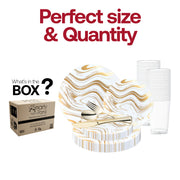 Disposable wedding table setting with gold-accented tumbler, fork, knife, and spoon on linen