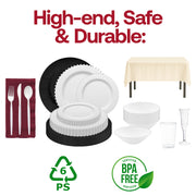 Disposable wedding tableware set with silver pearl accents and cohesive décor.