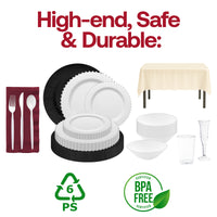 Disposable wedding tableware set with silver pearl accents and cohesive décor.