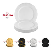Disposable white charger plates with a clean and versatile design, round shape, 13-inch diameter