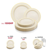 Disposable white dinner and salad plates with a silver rim, offering effortless cleanup and a classy look.