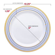 Disposable white dinner plates with a stylish blue and gold chord pattern on the rim, 10.25-inch size, pack of 120