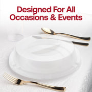 Disposable white plastic buffet plates paired with clear dome lids, ideal for buffets and parties