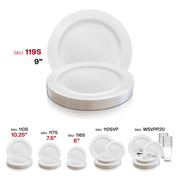 Disposable white plastic buffet plates with a silver edge rim, 9-inch size