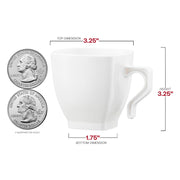 Disposable white plastic coffee mugs, 8 oz.,3.25" x 3.25", lightweight yet sturdy, designed for easy cleanup at parties, offices, and events