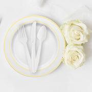 Disposable white plastic cutlery set, lightweight yet sturdy, sold in a 1,000-pack, perfect for home, office, and event use