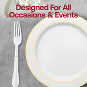 Disposable white plastic dinner forks with Baroque design, perfect for convenient cleanup at events