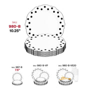 Disposable white plastic dinner plates adorned with a black dotted blossom pattern, ideal for formal or casual dining